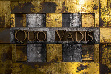 Where Are You Going or Quo Vadis text on grunge textured copper and gold background