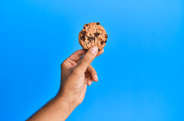 Hand of young hispanic man holding chocolate cookie over isolated blue background.