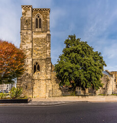 A side view of  the ruins of a fourteen-century church in Southampton, UK in Autumn