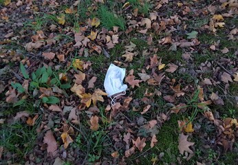 
surgical mask on a park floor