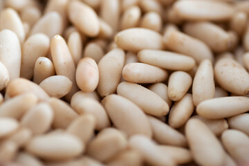 Close-up view of texture of organic Pine Nuts. Natural, bio.