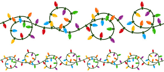 Vector illustration of a string of curly, looping colorful Christmas lights. String can be joined seamlessly end to end to make a longer, endless string.