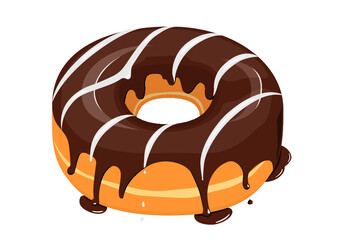 Dripping chocolate glazed donut with white striped icing icon in cartoon style on a white background