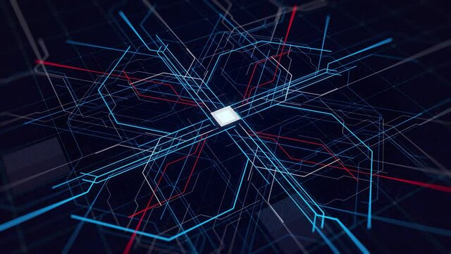 Animation of computer neural circuits. Animation. Cyber animation of neon computer circuit. Beautiful threads coming from center of computer network