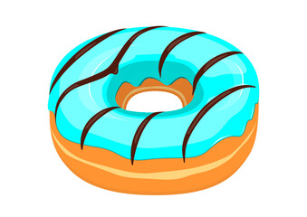 Blue glazed donut with chocolate striped icing icon in cartoon style on a white background