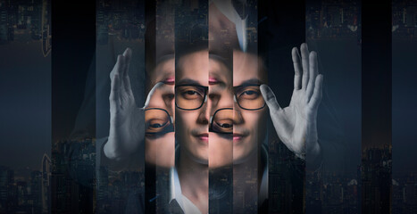 Business man and mirror reflection illusion, business finance investment risk concept.