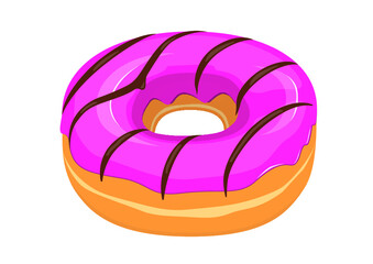 Pink glazed donut with chocolate striped icing icon in cartoon style on a white background