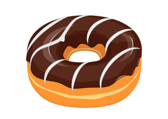 Chocolate glazed donut with white striped icing icon in cartoon style on a white background