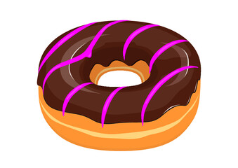 Chocolate glazed donut with pink striped icing icon in cartoon style on a white background