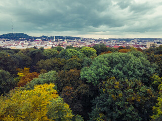 aerial view of autumn european city overcast stormy weather
