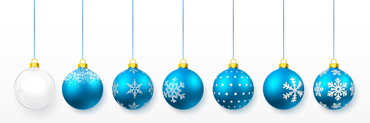 Blue shiny glowing and transparent Christmas balls. Xmas glass ball. Holiday decoration template. Vector illustration