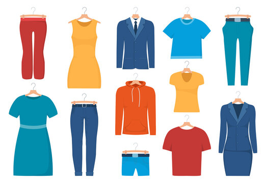 Men's and woman's clothes on hangers, set. Dress, trousers, sweatshirt, t-shirt, shorts, top, jacket, suit. Vector illustration.