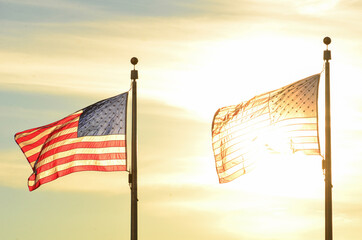 U.S. national flags and Washington Monument during sunset - Washington D.C. Unied Staes of America