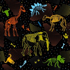 Bones and contours of various prehistoric animals. Seamless pattern with skeletons. Print for fabric. © barberry