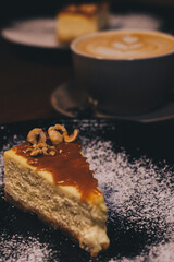 Curd biscuit with caramel on a dark background