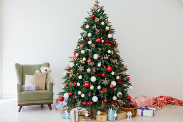 Christmas tree with gifts decor New Year interior postcard