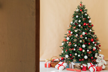 Christmas tree with gifts decor New Year interior postcard