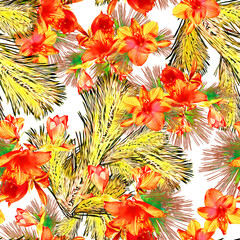 Christmas bouquet fir and amaryllis seamless pattern.