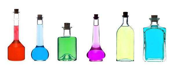 Collection of beautiful bottles of different shapes with colorful liquids isolated on a white...