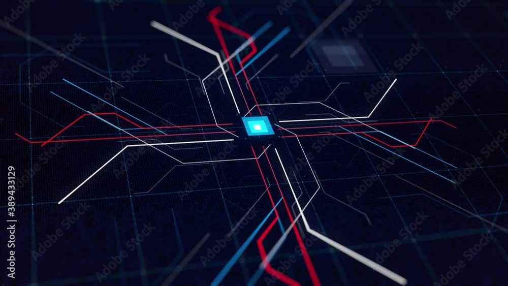 Poster computer diagram of moving networks of internet. animation. centralized diagram with moving neon lin