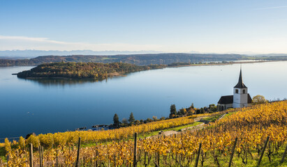 St. Peter’s Island at the lake Biel (Bielersee) and church in Ligerz in autumn, Switzerland