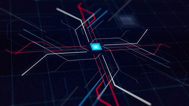 Computer diagram of moving networks of Internet. Animation. Centralized diagram with moving neon lines of computer system. Neural networks of Internet or computer