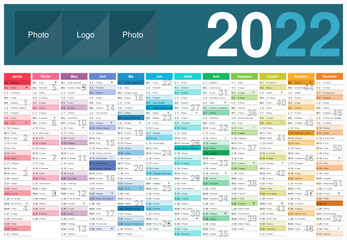 Calendrier 2022 12 mois au format 650 x 450 mm entièrement modifiable via calques et texte arial	