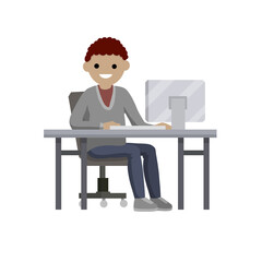 Man sitting at table with computer and monitor. Cup of coffee and books. Programmer at work at home. Hobbies and entertainment on Internet. Cartoon flat illustration. Freelance typing message