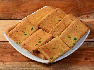 crunchy cake toast, crispy rusk, roasted bread on white plate for healthy life