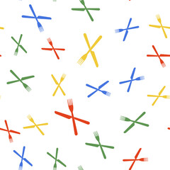 Color Crossed fork and knife icon isolated seamless pattern on white background. Restaurant icon. Vector.