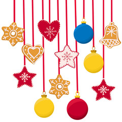 Christmas garland of homemade holiday cookies, Christmas tree toys and soft toys in the form of hearts and stars on a white background.