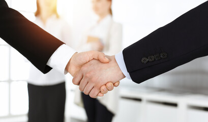 Businessman and woman shaking hands with colleagues at the background. Handshake at meeting in sunny office