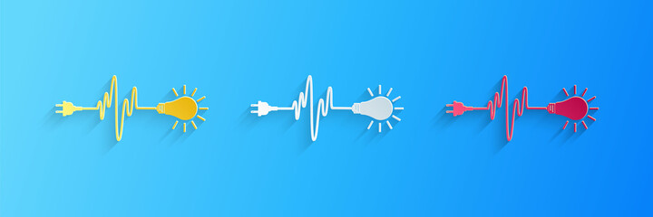 Paper cut Wire plug and light bulb icon isolated on blue background. Plug, lamp and cord in the form of heartbeat. Concept of Electricity and lighting. Paper art style. Vector.