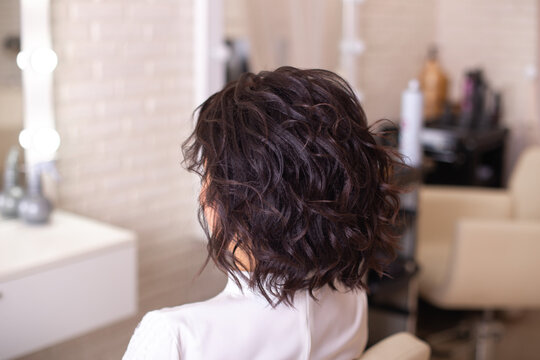 Beautiful brunette woman back with short curly hair style on beauty salon background