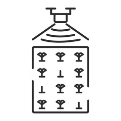 A drone monitors a field with plants. Seed germination. Smart farm.Outline vector illustration.Isolated on white background.