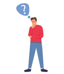 Man is thinking.Guy standing with question mark speech bubble.Thoughtful human.people finding answer.Young boy finding answer.Characters cartoon vector flat illustration.