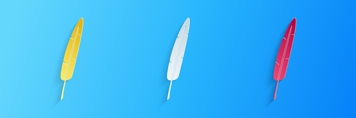 Paper cut Feather pen icon isolated on blue background. Paper art style. Vector.