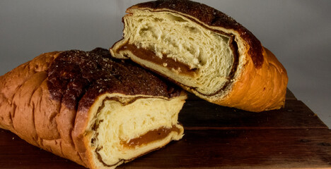 A closeup shot of cut bread pastries with chocolate
