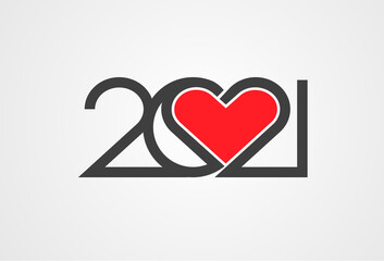 Happy New Year 2021 with heart icon ,minimalist text template , vector illustration