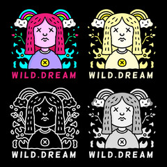Obraz na płótnie Canvas Cool young woman with wild dream typography, illustration with hipster style. Vector graphics for t-shirt prints and other uses.
