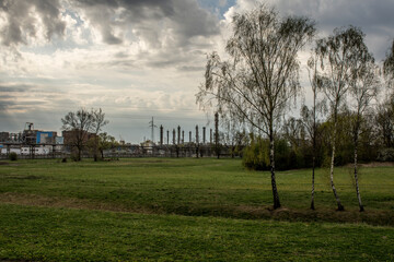 niebo, krajobraz, elektrycznośc, energetyczne, przemysł, blękit, chmura, fabryka, przemysłowe, lato, wysoki