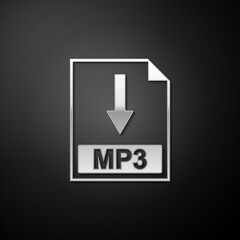 Silver MP3 file document icon. Download MP3 button icon isolated on black background. Long shadow style. Vector.