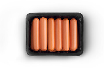 Opened black plastic tray of fresh raw sausages isolated on white top-view. Packaging template...