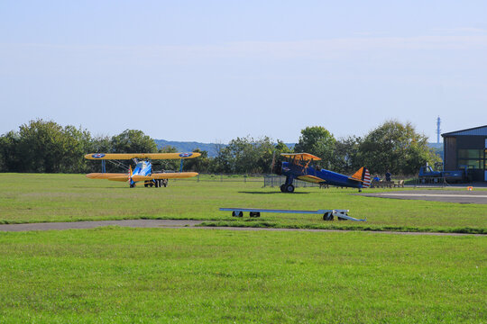 Biplane stearman pt 17 which takes off from an aerodrome. Used for aerial acrobatics because very manageable and lightweight. Cerny, France. October 13. 2019.