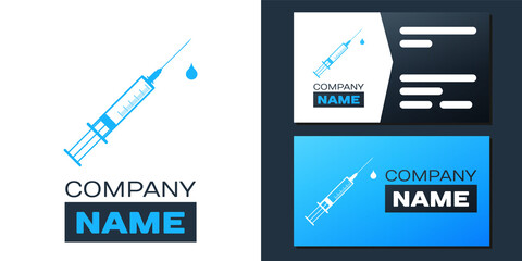 Logotype Medical syringe with needle and drop icon isolated on white background. Syringe sign for vaccine, vaccination, injection, flu shot. Logo design template element. Vector.