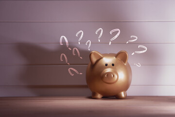piggy bank with lots of question mark symbol . Concept How to save money