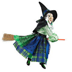 witch on broom, doll isolated on white background