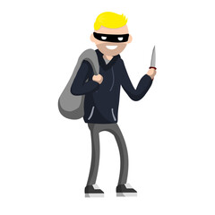 Man with knife extorting money. Problem of urban security. Thief at work. Extortion and robbery. Hand holding sack with cash