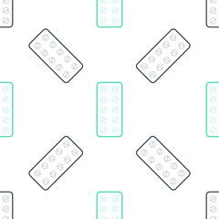 Green Pills in blister pack icon isolated seamless pattern on white background. Medical drug package for tablet: vitamin, antibiotic, aspirin. Vector.