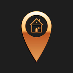 Gold Map pointer with house icon isolated on black background. Home location marker symbol. Long shadow style. Vector.